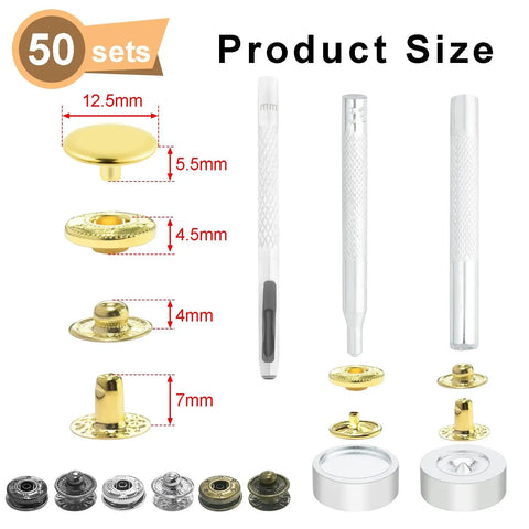 All In One Snaps Button Kit For Leather And Fabric, Metal Snap Fasteners With Four Install Tools, 50 Sets Of 12mm Mixed Studs