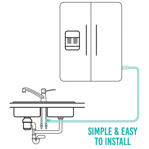 Diagram showing Ice Maker Water Line Kit With 25 Foot Tubing, Solid Brass Stop Tee And Valve, installation to fridge and sink.