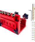 Adjustable Pocket Hole Jig And Precision Woodworking Guide Crafted From Heavy Duty Aluminum Alloy for precise angle drilling, red frame with drill bits.