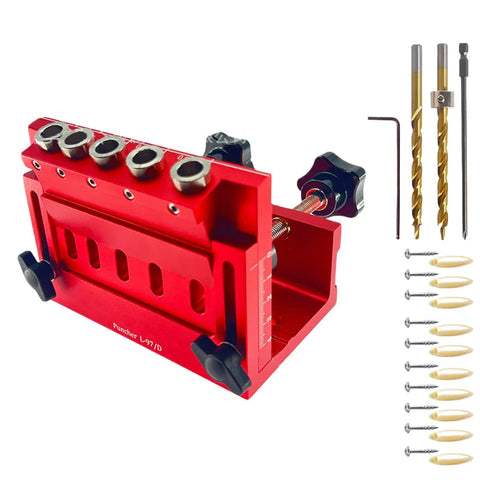 Adjustable Pocket Hole Jig And Precision Woodworking Guide Crafted From Heavy Duty Aluminum Alloy for precise angle drilling, red frame with drill bits.
