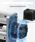 Close-up of Smooth Operator 300W Spindle CNC Router showing increased torque motor component and dimensions for precision cutting.