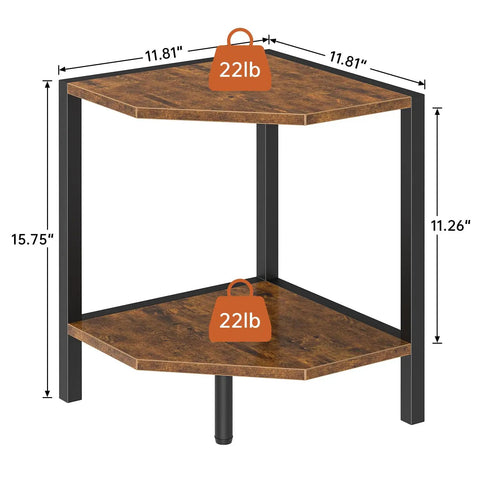 Chic Two Tier Industrial Corner Bookshelf Heavy Duty Wood Grain Metal Frame dimensions 11.81" x 15.75" x 11.26" space saving design.