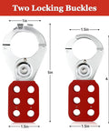 Pro Grade Electrical Lockout Tagout Kit With Three Safety Locks Two Circuit Breaker Locks Three Locking Towers 20 Lockout Tags And 20 Cable Ties For Industrial Lockout Procedures And Safe Power Shutoffs showing two red and silver locking buckles with dimensions.