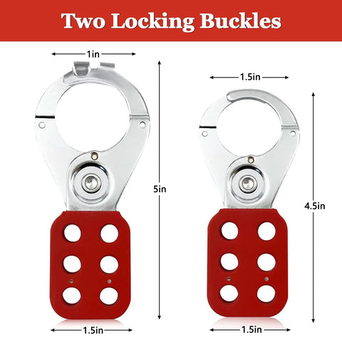 Pro Grade Electrical Lockout Tagout Kit With Three Safety Locks Two Circuit Breaker Locks Three Locking Towers 20 Lockout Tags And 20 Cable Ties For Industrial Lockout Procedures And Safe Power Shutoffs showing two red and silver locking buckles with dimensions.