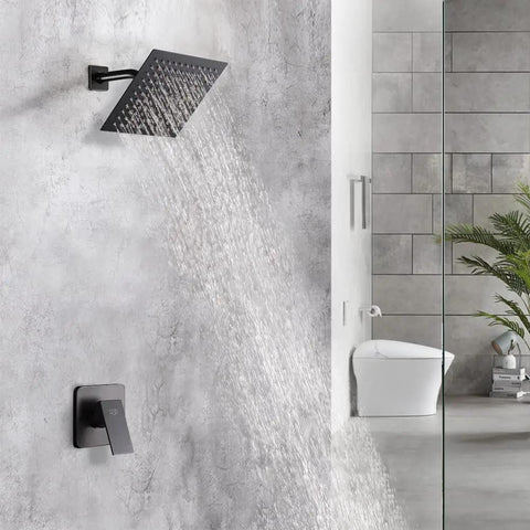Slick Matte Black Shower Faucet Set With Rainfall System Featuring Stainless Steel Shower Head And Brass Valve in modern bathroom