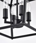 Close-up of Renzo 4 Light Black Lantern Pendant Light Dimmable Adjustable Height Square Cage Hanging Fixture Rustic Chandelier