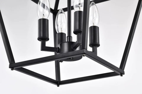 Close-up of Renzo 4 Light Black Lantern Pendant Light Dimmable Adjustable Height Square Cage Hanging Fixture Rustic Chandelier