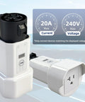 Sweetly Compact J1772 To Nema 5-15 And 5-20 Ev Charging Converter With Digital Meter showing 20A and 240V max voltage settings.