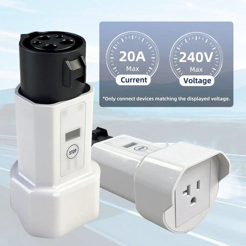 Sweetly Compact J1772 To Nema 5-15 And 5-20 Ev Charging Converter With Digital Meter showing 20A and 240V max voltage settings.