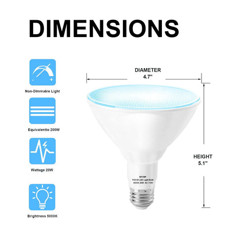 Dimensions of Outdoor LED Flood Light Bulb 5000K Daylight, 110V E26 Base, 20W 200W Equivalent, Non Dimmable PAR38
