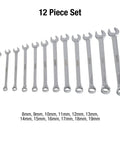 Metric V-Groove Combination Wrench Set 8mm To 19mm, 12-Piece, Pro Grade With Fully Polished Finish, displayed in a row with sizes labeled.
