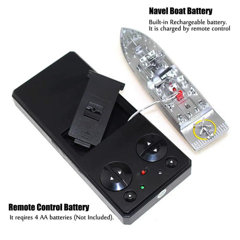 Military RC Warship Boat With 2.4 GHz Remote Control showing open battery compartment and navy vessel layout.