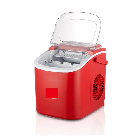 Grab And Go Countertop Pellet Ice Maker With Sturdy Handle and Single Knob Self Cleaning, red design, compact size for easy use.