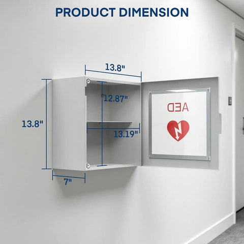 Top Shelf Steel AED Wall Mount Cabinet With Clear Front Panel For Immediate Automated External Defibrillator Access dimensions shown in image.
