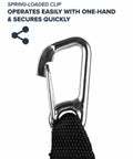 Close-up of spring-loaded clip on Heavy Duty Fish Stringer Clip With Stainless Construction And 36 Inch Steel Core Lanyard 360 Degree Swivel Quick Release Buckle For Spearfishing Kayak Fishing And Scuba Diving All Fish Types Gray Ultra Duty.
