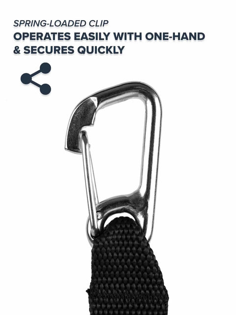 Close-up of spring-loaded clip on Heavy Duty Fish Stringer Clip With Stainless Construction And 36 Inch Steel Core Lanyard 360 Degree Swivel Quick Release Buckle For Spearfishing Kayak Fishing And Scuba Diving All Fish Types Gray Ultra Duty.