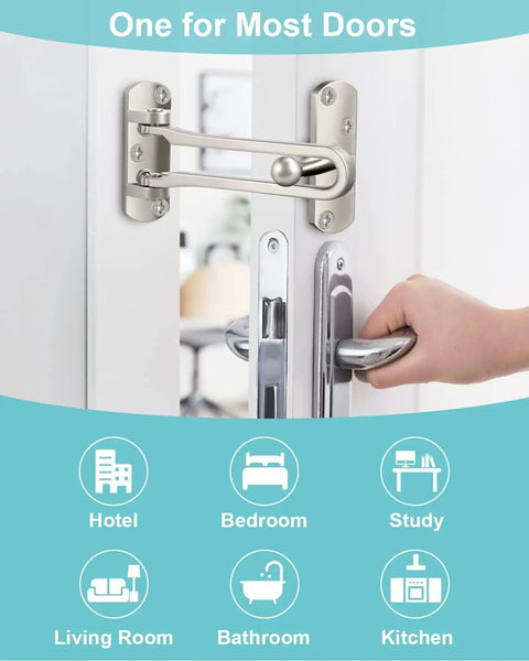Thick Aluminum Alloy Swing Bar Door Lock Latch With Satin Nickel Finish for Home Security on white door, hand opening handle