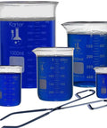 Beaker Set With Zinc Plated Tongs Five Sizes 50, 100, 250, 500, 1000ml Borosilicate Glass Low Form Laboratory Beakers