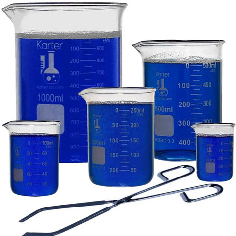 Beaker Set With Zinc Plated Tongs Five Sizes 50, 100, 250, 500, 1000ml Borosilicate Glass Low Form Laboratory Beakers