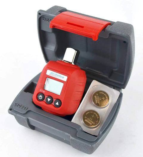 Digital torque adapter kit with display in open case showing batteries, "Turn Your Ratchet Into a Legit Digital Torque Tool With Four Units Of Measure, Heavy Duty 14.8 To 147.6 Ft Lbs, Buzzer And LED Alerts, ISO 6789 Calibration Certificate, Ultra Accurate From Twenty Percent To One Hundred Percent."