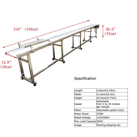 Electric PVC Belt Conveyor With Adjustable Speed Desktop Industrial Transport Unit Stainless Steel Frame 216 In By 11.8 In
