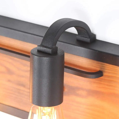 Close-up of Farmhouse Vanity Sconce Lighting Fixture With Rustic Wall Lamp For Bathroom, Black Matte Steel, and Solid Wood Blend