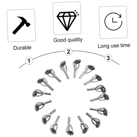 All In One Fishing Rod Tip Repair Kit For Freshwater And Saltwater Rods With Stainless Steel Ceramic Ring Guides, 50 Piece Replacement Set, Includes 1.6mm To 3.0mm Hole Sizes For Quick Durable Tip Fixes, assorted tip guides displayed