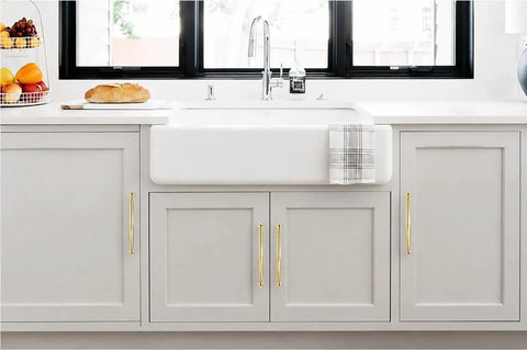 Built Like A Tank 10 Pack Polished Brass Cabinet Pulls 5 Inch Centers Heavy Duty Zinc Alloy Drawer Handles Made Tough for grey kitchen cabinetry.