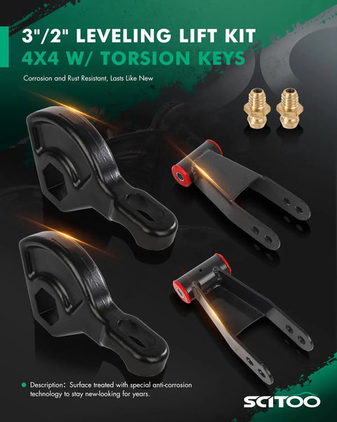 Dodge Durango 98-03 3in/2in Leveling Lift Kit 4WD torsion keys, brackets, grease fittings on display.