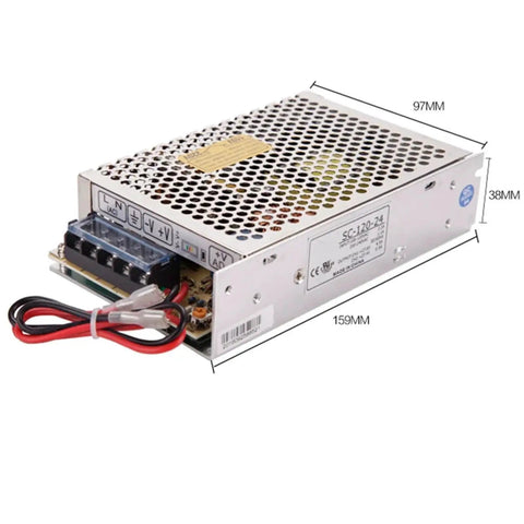 Top Shelf 120W Ups Switching Power Supply 24V Lithium Battery Charger 27.6V Output top view with dimensions on the side.