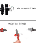 Side view of 12V Waterproof Push Button On Off Switch with Quick Connector for LED Accent Lighting and double-sided 3M tape