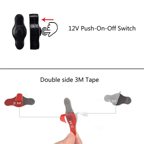 Side view of 12V Waterproof Push Button On Off Switch with Quick Connector for LED Accent Lighting and double-sided 3M tape