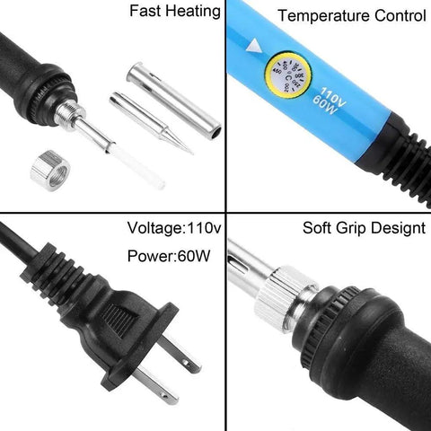 60W 110V Adjustable Temperature Soldering Iron Kit With Five Tips Soldering Stand And Extra Wire Tube For Quick Repairs