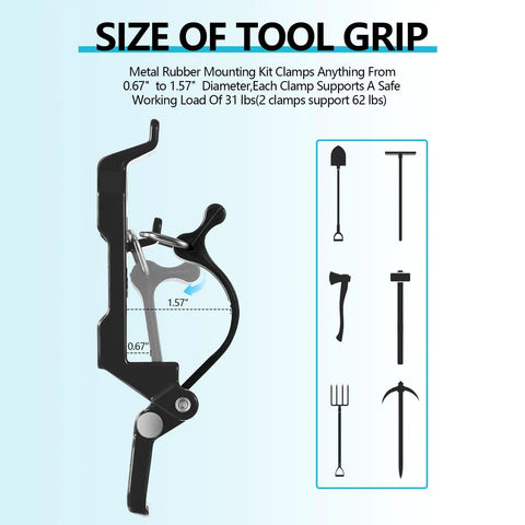 Diagram showing size of tool grip for Eight Piece Shovel Mount For Roof Rack Heavy Duty Clamp Kit with 0.67 to 1.57 inch diameter