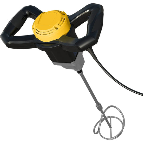 120 Volt 2 Speed Power Mixer With Mixing Paddle For Thinset Mortar And Grout, lightweight ergonomic grip, yellow top view.