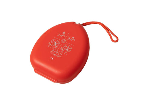 Pack of 5 Single Valve CPR Rescue Masks in Red Hard Case for Adult and Child, shown with elastic strap and instructional graphics.