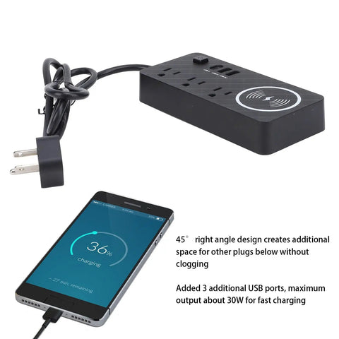 7 In 1 Power Strip Surge Protector With 30W Rapid Charging 3 AC Outlets 3 USB Ports Super Slick Flat Plug Design with smartphone charging.