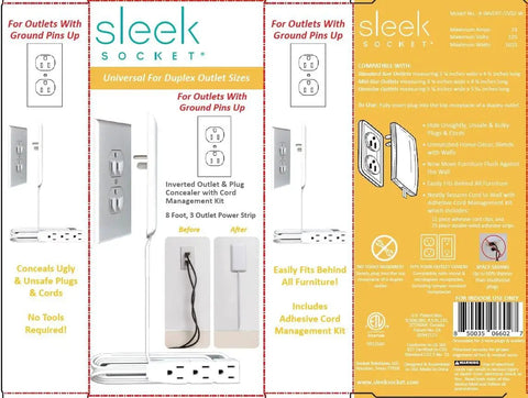 Original and Patented Ultra Thin Outlet Concealer Kit With Cord Concealer For Inverted Outlets packaging and features diagram.