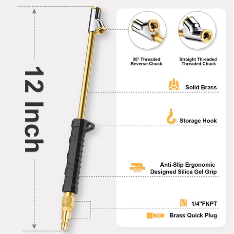 12 Inch Extended Reach Dual Head Heavy Duty Air Chuck With One Quarter Inch FNPT Connection Straight Foot Lock On Tire Inflator Chuck Quick Plug Kit for Trucks, detailing brass construction, ergonomic grip, and dual head design