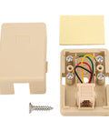 No Fuss Surface Mount Phone Jack Single Port With Four Internal Screw Terminals RJ11 6P4C Female Wall Plate Ivory Two Pack shown with cover and screws