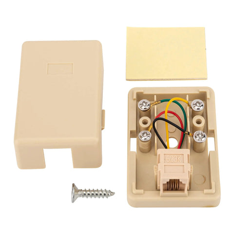 No Fuss Surface Mount Phone Jack Single Port With Four Internal Screw Terminals RJ11 6P4C Female Wall Plate Ivory Two Pack shown with cover and screws