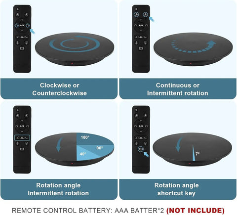 Remote control for Upgraded 360 Degree Electric Turntable Display Stand With Remote Control for Professional Product Photography showing rotation modes.