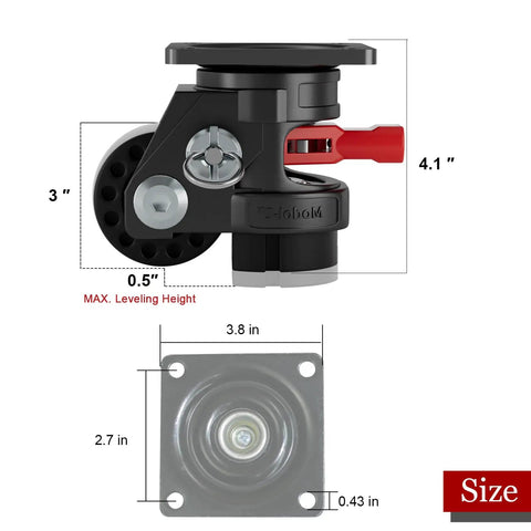 Heavy Duty Leveling Casters With Quick Lock Brakes, 4800 Lb Load Rating, Set Of Four Adjustable Height Wheels measuring 3x4.1 inches.