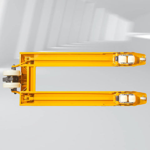 Top view of Heavy Duty Manual Pallet Jack Truck 6600 Lbs Capacity with polyurethane wheels and robust frame for warehouse use.