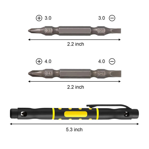 Real Deal Four Piece Mini Pen Screwdriver Kit Featuring Versatile Four In One Double End Bits For Phillips And Flathead Jobs Great For Tight Spaces And On The Fly Fixes, showing 3.0 and 4.0 bits with a 5.3 inch handle.