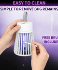 Hands holding Indoor Outdoor Mosquito Zapper USB Rechargeable Bug Killer Lamp with grid, UV light, and cleaning brush.