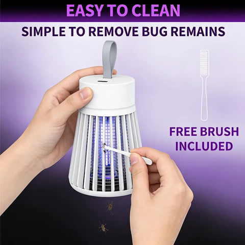 Hands holding Indoor Outdoor Mosquito Zapper USB Rechargeable Bug Killer Lamp with grid, UV light, and cleaning brush.