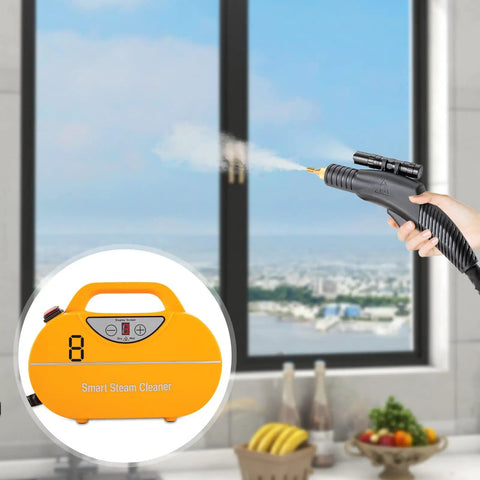 Powerful 1800W Steam Cleaner With High Pressure And High Temperature Steam For No Hassle Deep Clean And Easy Cleanup, Multipurpose Handheld Steamer For Kitchen, Car, Stoves, Windows, Floors, And More, Long Hose Included, 110V US Plug spraying steam on window