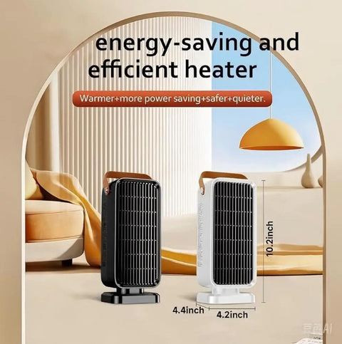 Two 1500W Ceramic Heaters with Thermostat, black and white, for indoor use in large rooms, shown in living room setting.