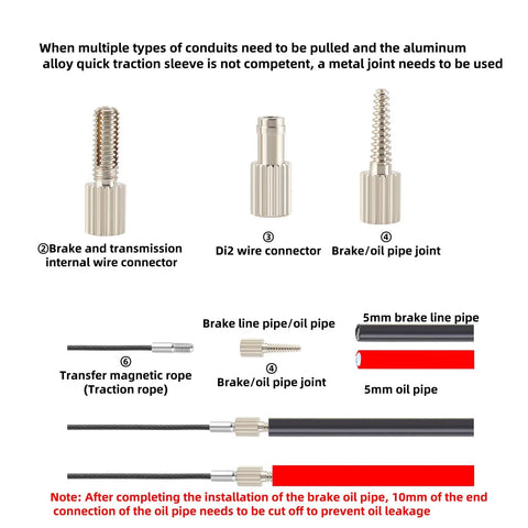 Fly_H bicycle internal cable routing tool kit; seven-piece set with silver Di2/brake connectors, pipe joints, and magnetic traction rope.